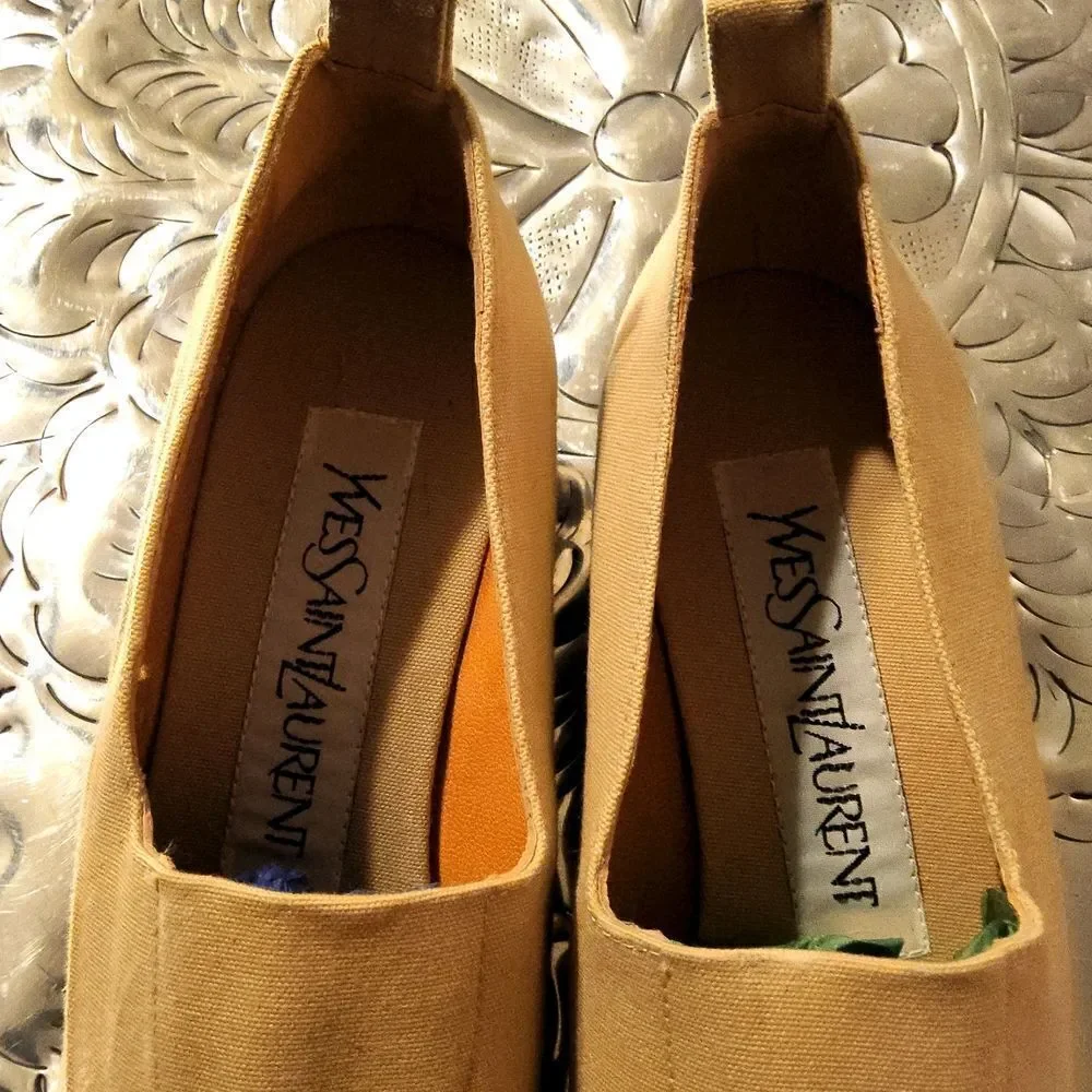 YvesSaintLaurent stretchy wedges,khaki in color and dark brown braiding wedge